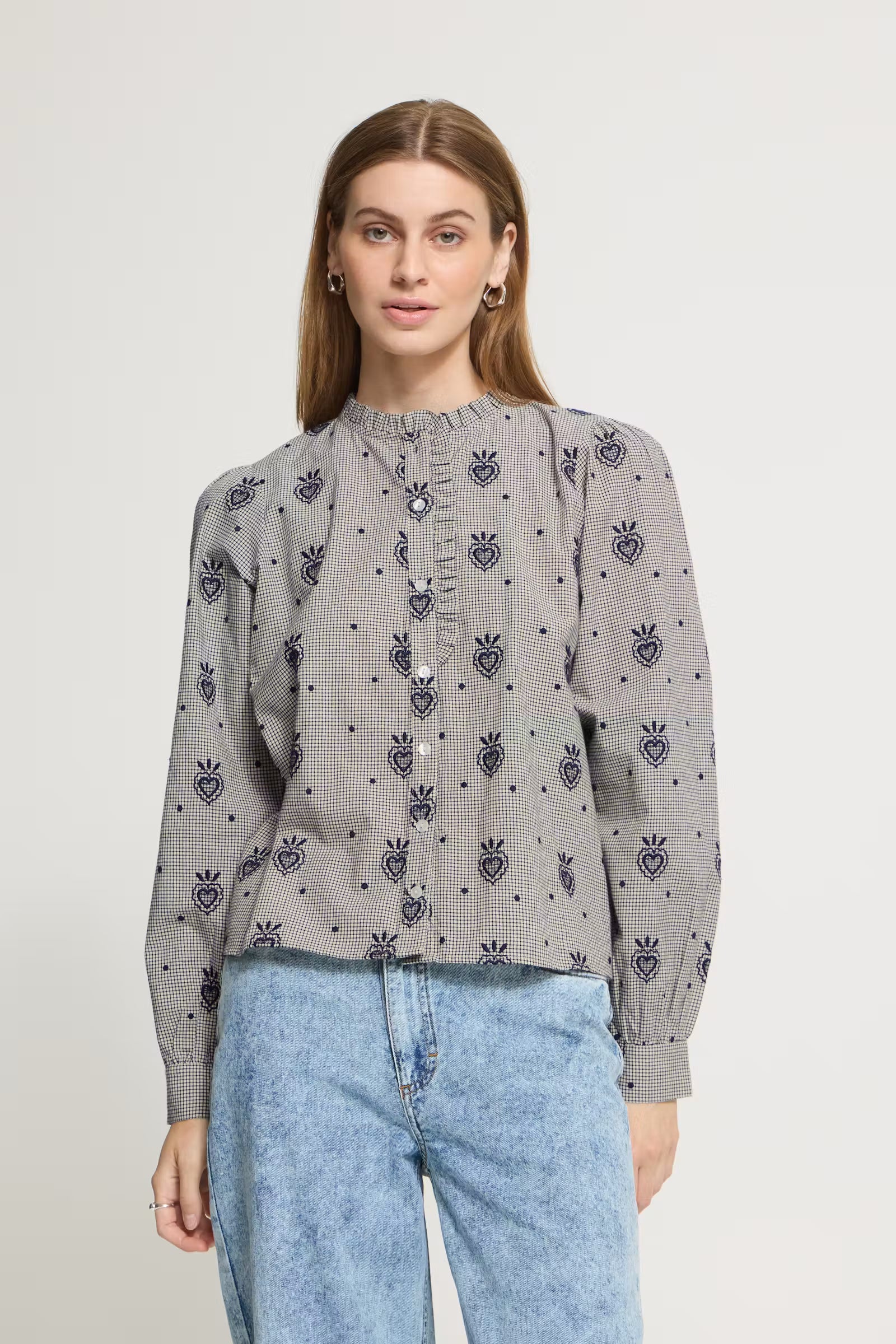 ICHI Heloza birch and dark blue ruffle neck check blouse front view