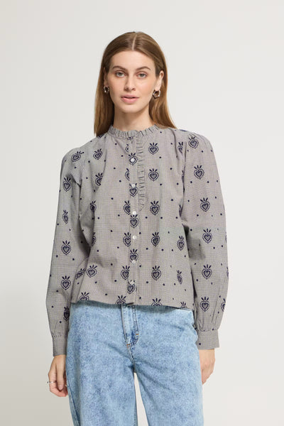 ICHI Heloza birch and dark blue ruffle neck check blouse front view