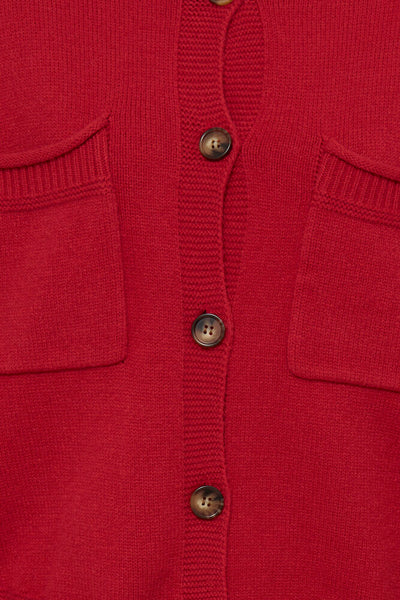 Close-up of ICHI Betias Salsa red cardigan contrast buttons and patch pockets