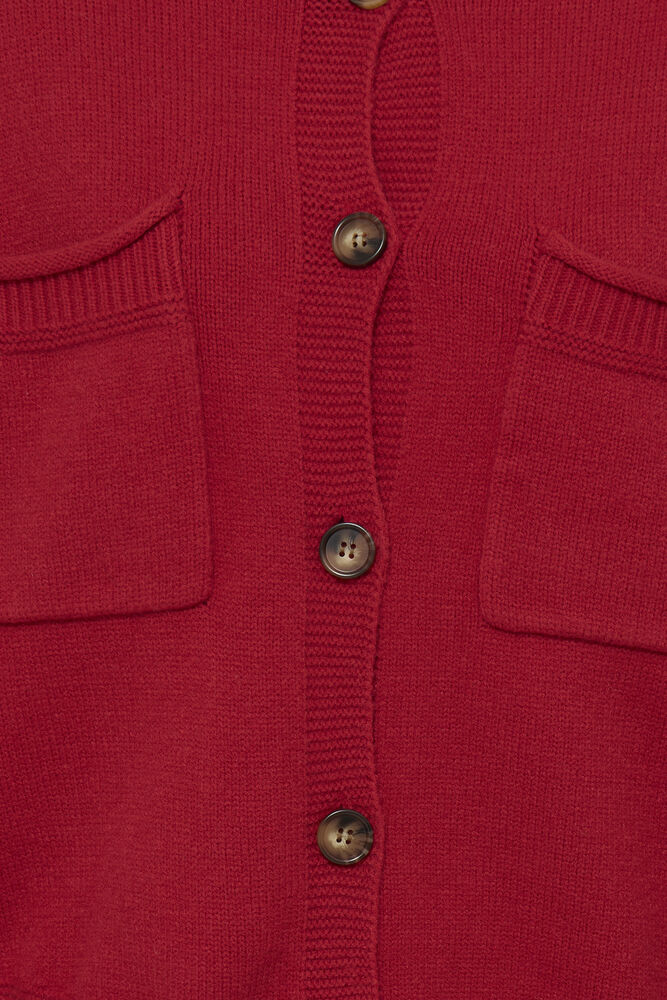 Close-up of ICHI Betias Salsa red cardigan contrast buttons and patch pockets