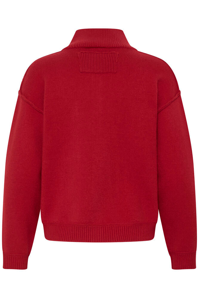Back view of ICHI Betias Salsa red knitted funnel neck cardigan