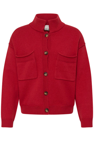 ICHI Betias Salsa red funnel neck knitted Christmas cardigan front view