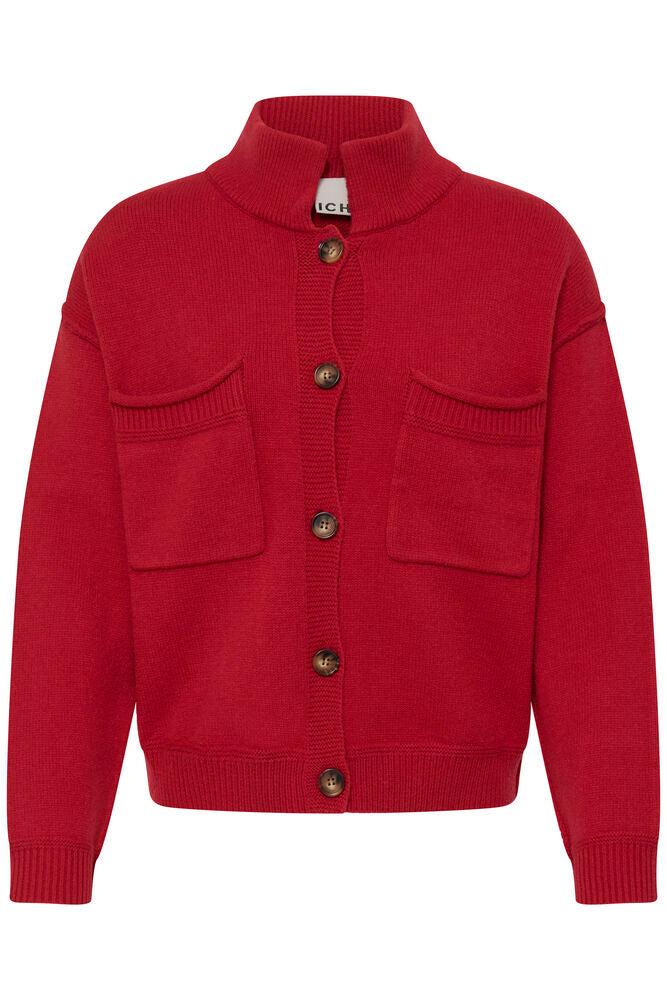 ICHI Betias Salsa red funnel neck knitted Christmas cardigan front view