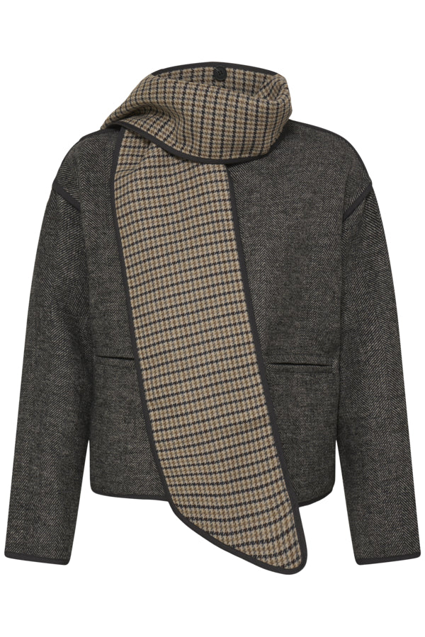 ICHI Frava black collarless jacket with patterned scarf detail