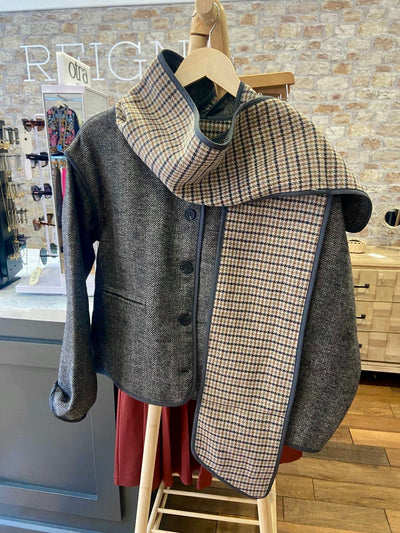 ICHI Frava Black Herringbone Jacket With Contrast Check Scarf