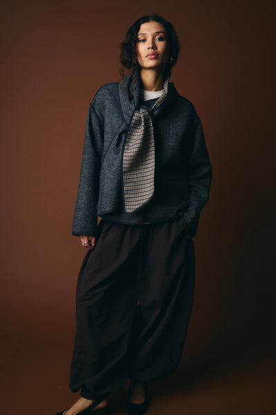 ICHI Frava black collarless winter scarf detail jacket styled front view