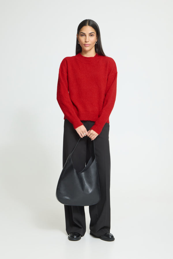 ICHI Sage Salsa red long sleeve jumper styled with black trousers