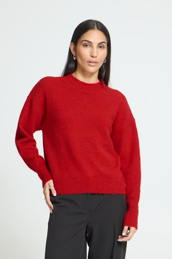 ICHI Sage Salsa red long sleeve crew neck jumper front view