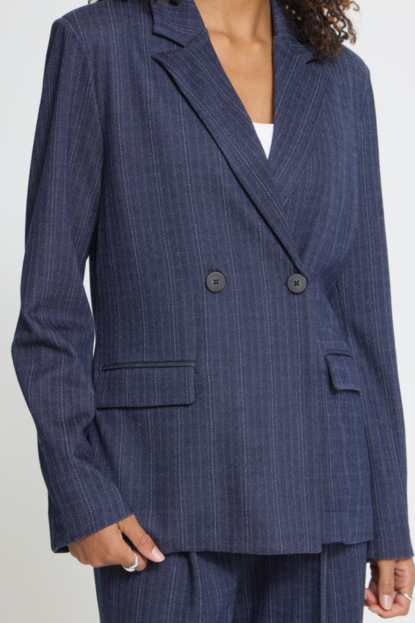 Close-up of ICHI Kate Pinelle navy pinstripe blazer double breasted front