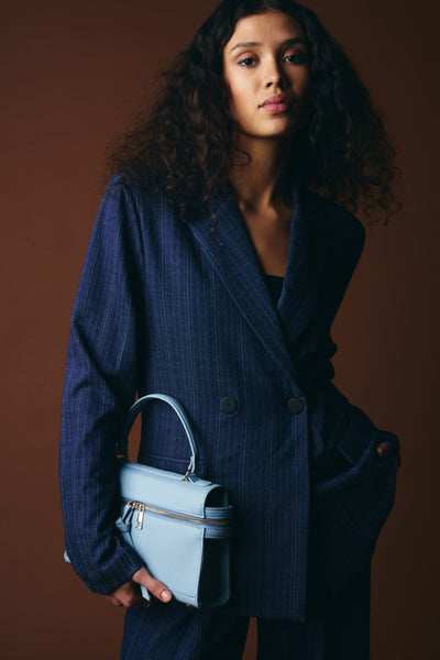 ICHI Kate Pinelle dark blue double breasted blazer styled with handbag