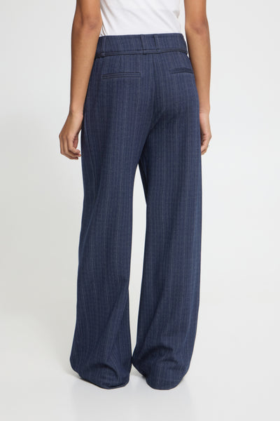 Back view of ICHI Kate Pinelle navy wide leg trousers