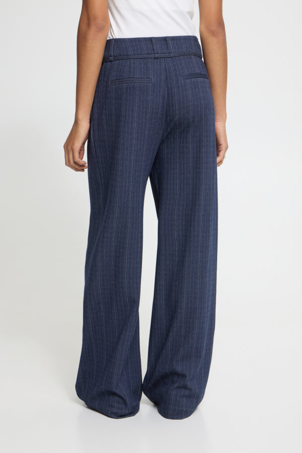 Back view of ICHI Kate Pinelle navy wide leg trousers