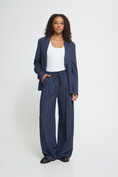 ICHI Kate Pinelle dark blue wide leg trousers styled with matching blazer