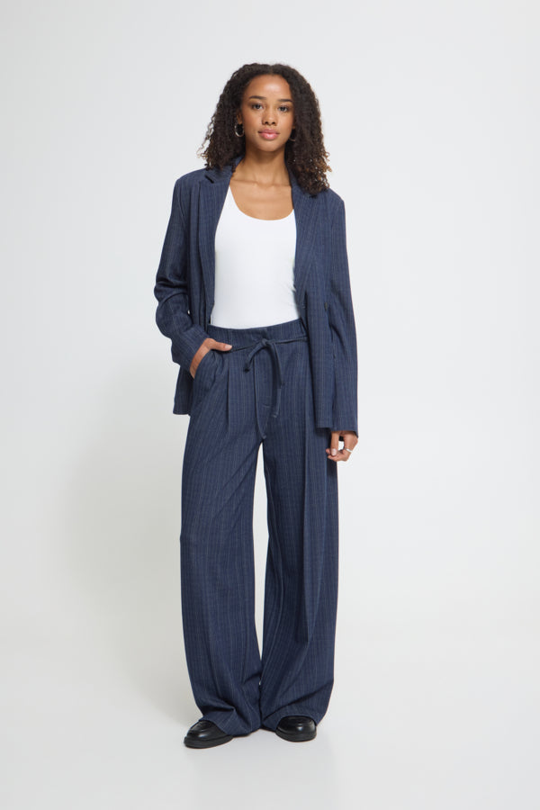 ICHI Kate Pinelle dark blue wide leg trousers styled with matching blazer