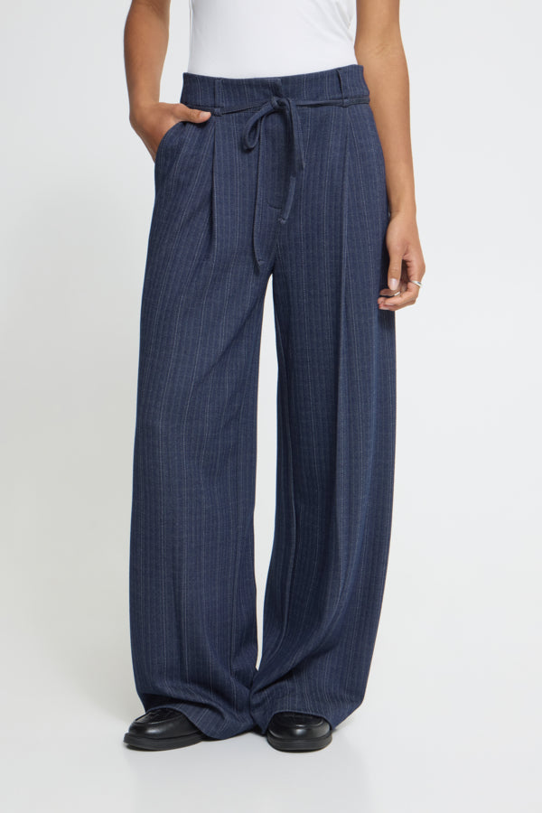 ICHI Kate Pinelle dark blue pinstripe wide leg trousers front view