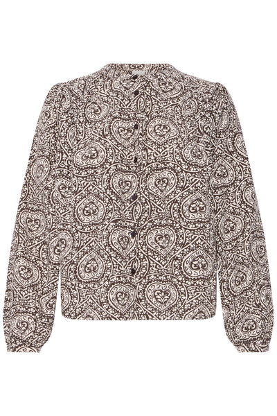 ICHI Katilio brown folklore heart print cotton shirt product front view