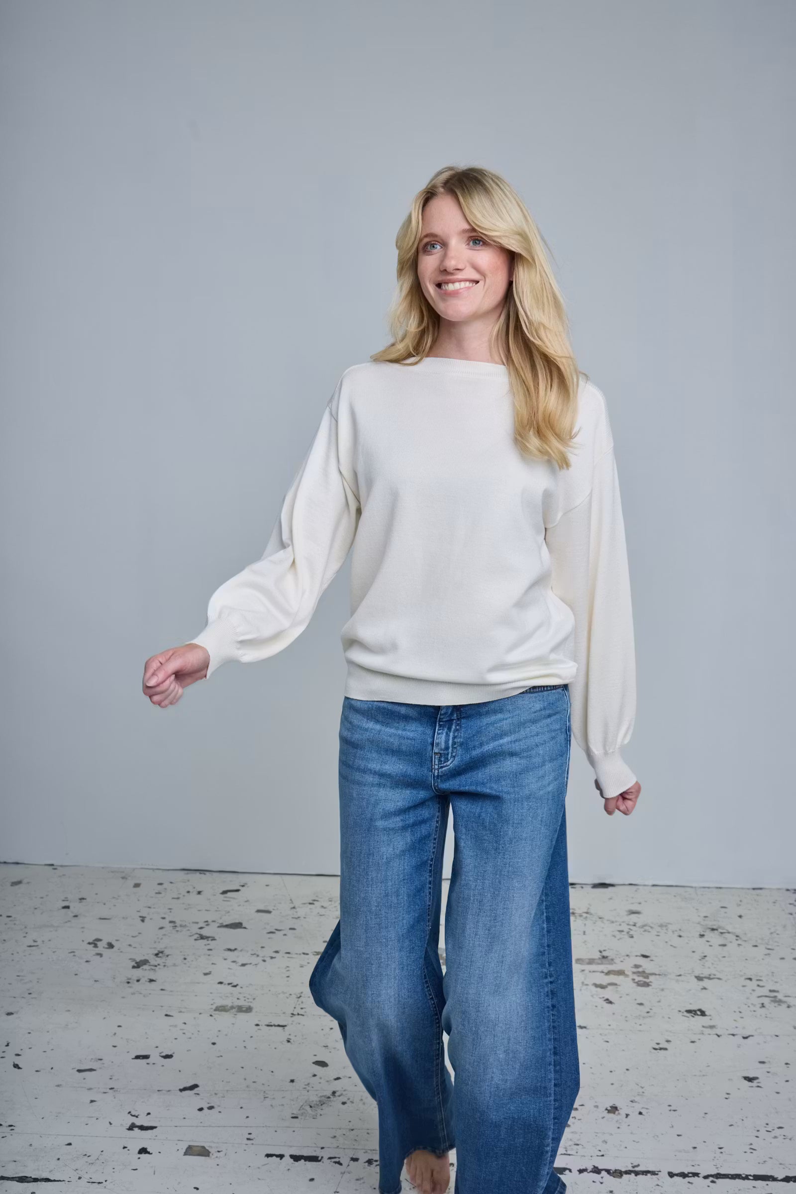 ICHI Twiggy high rise wide leg jeans styled with a white blouse