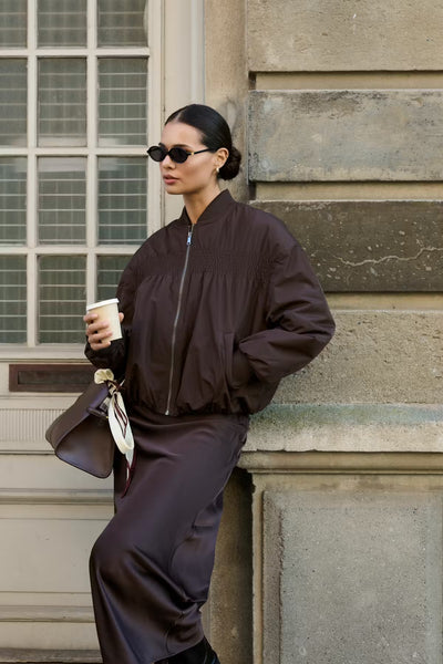 Kaffe Ennie Sofia brown bomber jacket styled outdoors front view