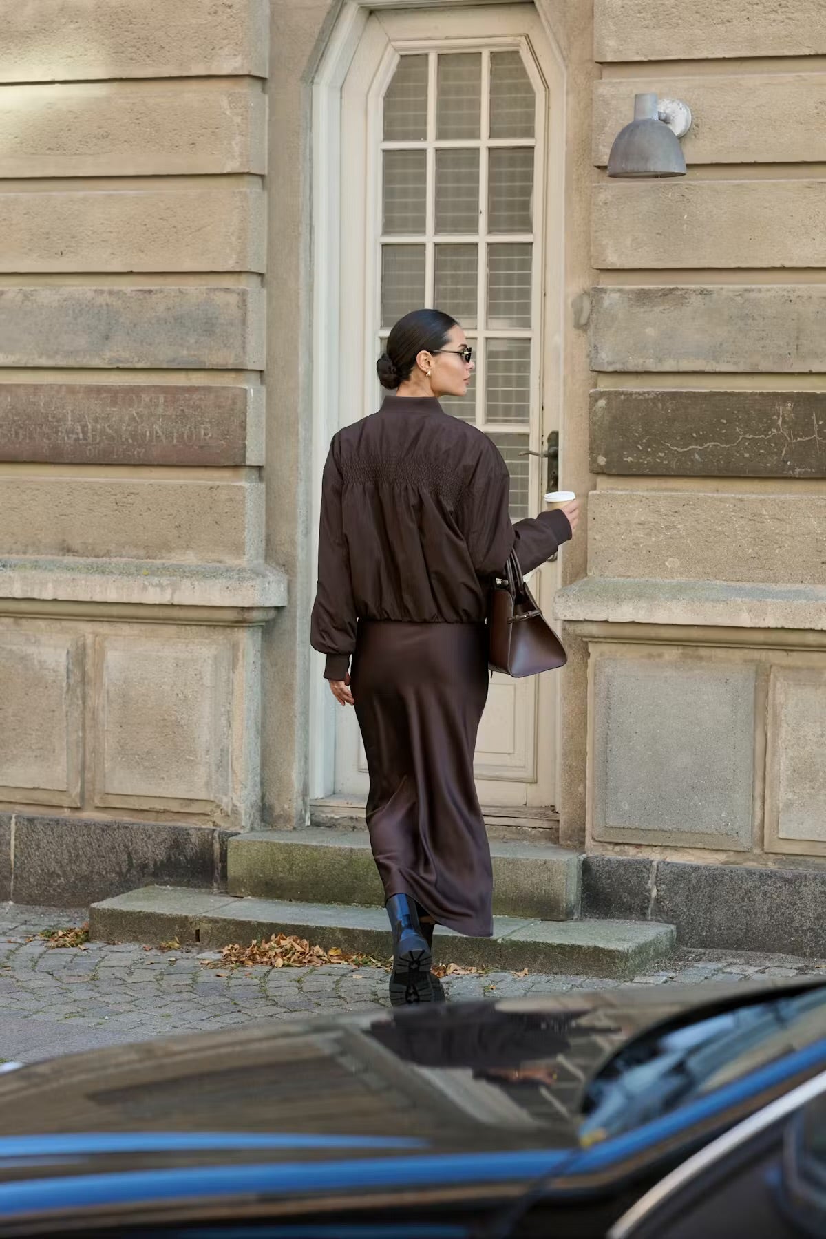 Back view of Kaffe Ennie Sofia Coffee Bean waterproof bomber jacket