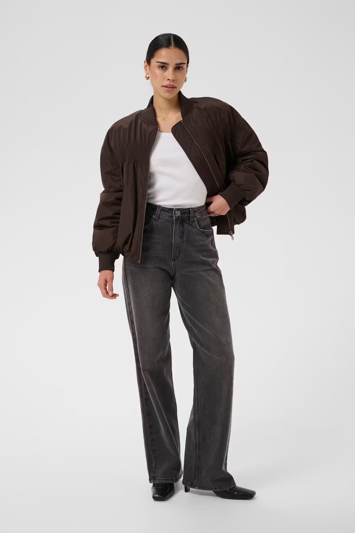 Kaffe Ennie Sofia Coffee Bean waterproof bomber jacket styled front view
