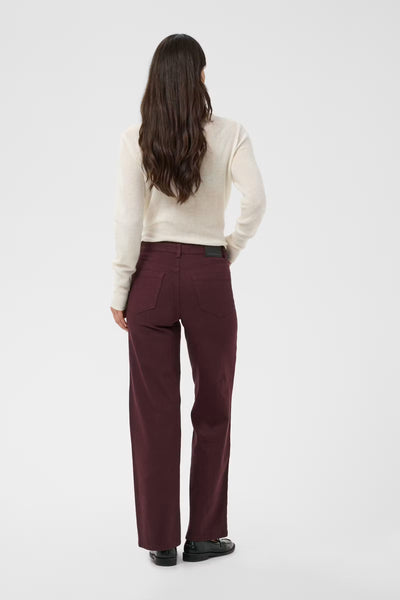 Back view of Kaffe Brook burgundy high waisted twill jeans