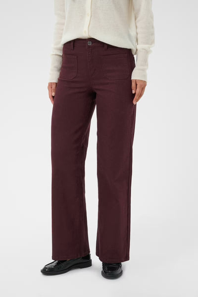 Kaffe Brook burgundy high waist straight leg twill jeans front view