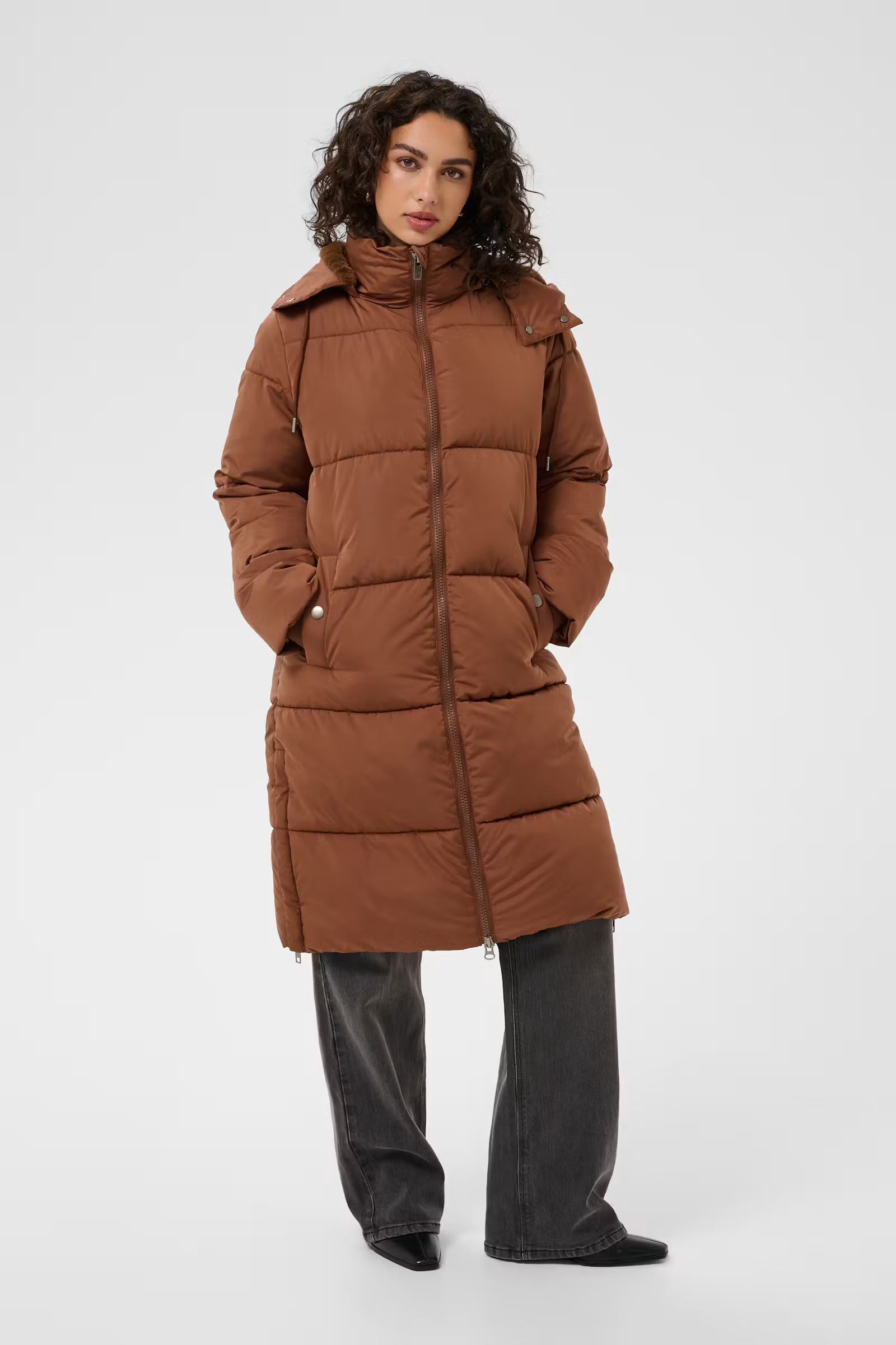 Kaffe Nikalui Friar Brown longline hooded puffer coat front view