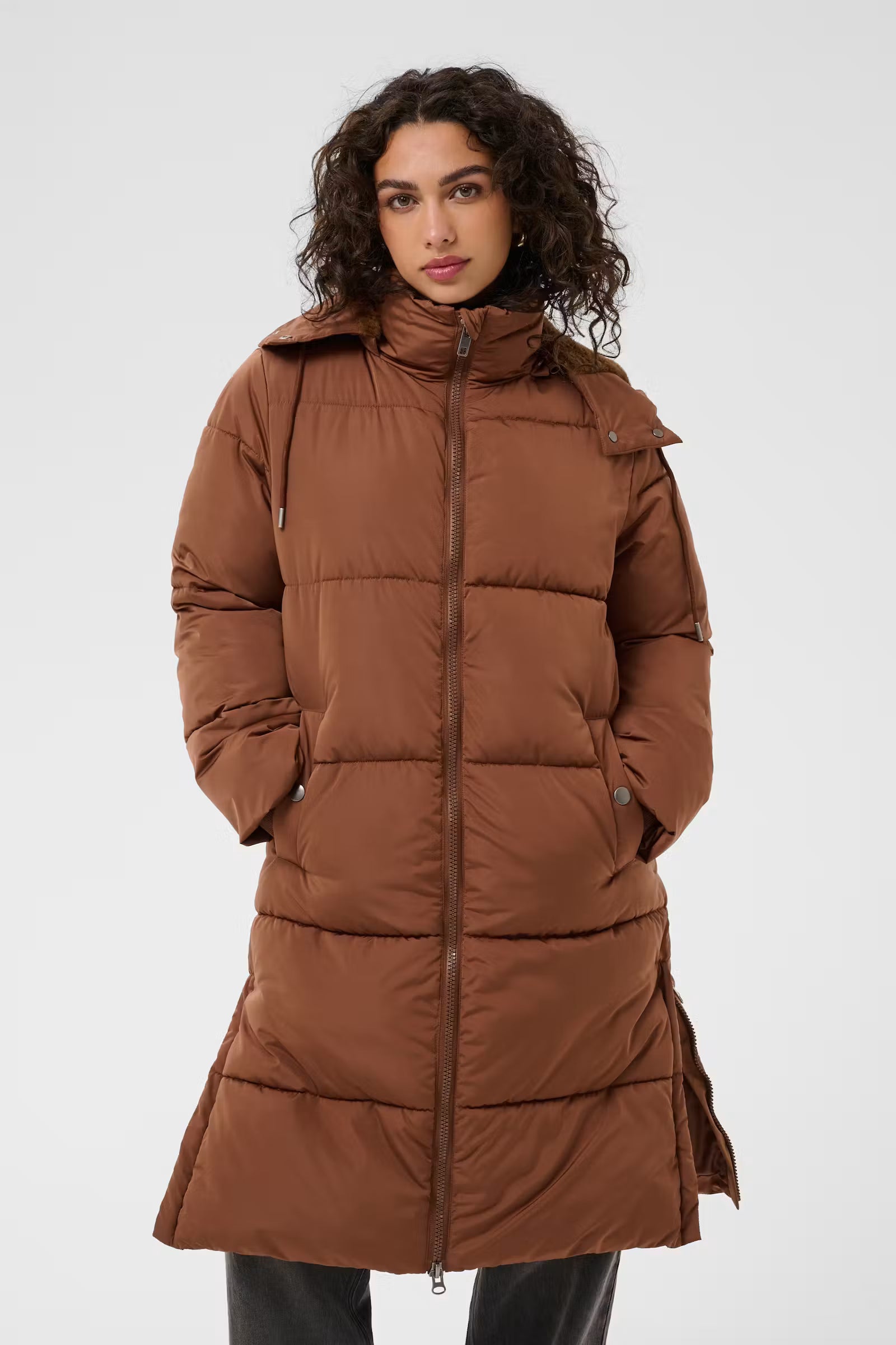 Front view of Kaffe Nikalui Friar Brown longline puffer coat