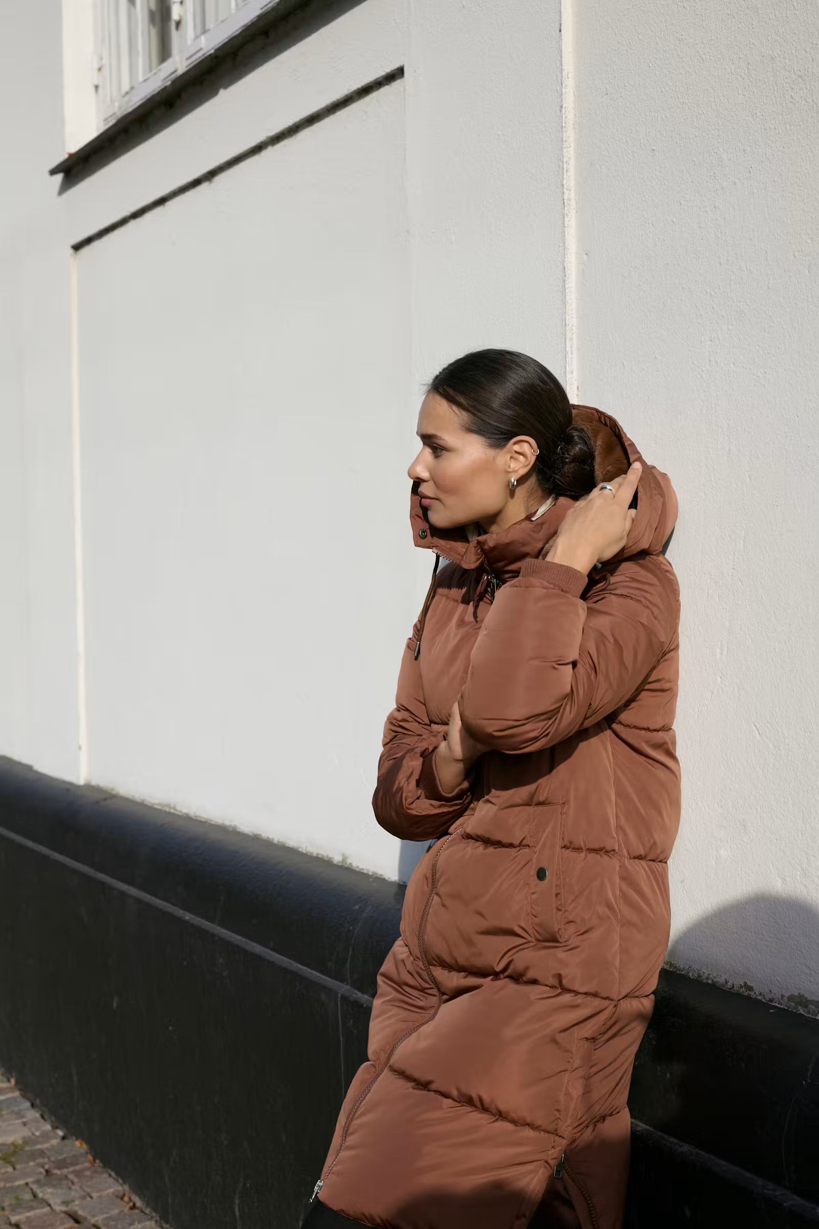 Kaffe Nikalui Friar Brown long hooded winter coat outdoor front view