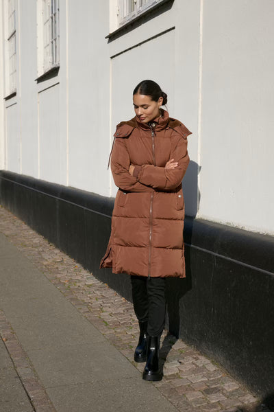 Kaffe Nikalui brown longline puffer coat product front view
