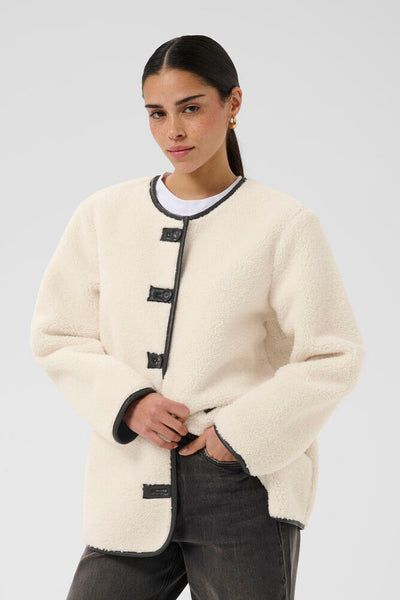 Kaffe Sandra cream teddy jacket round neck and button front detail