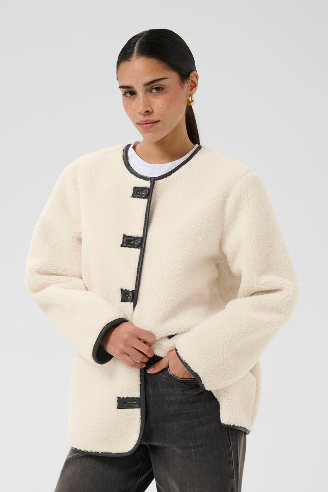 Kaffe Sandra cream teddy jacket round neck and button front detail