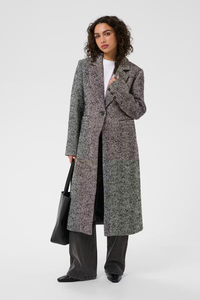 Kaffe Ofelia black and chalk herringbone longline coat styled front view
