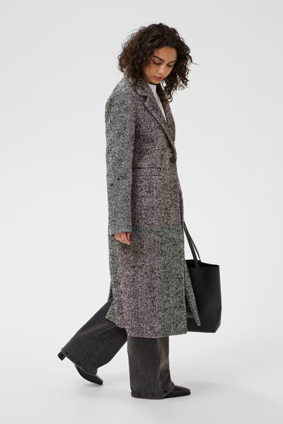 Side view of Kaffe Ofelia black and chalk tailored longline coat