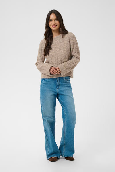 Kaffe Melanie beige cable knit crew neck jumper styled with blue jeans