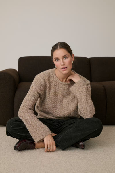 Kaffe Melanie textured beige knit jumper lifestyle seated view
