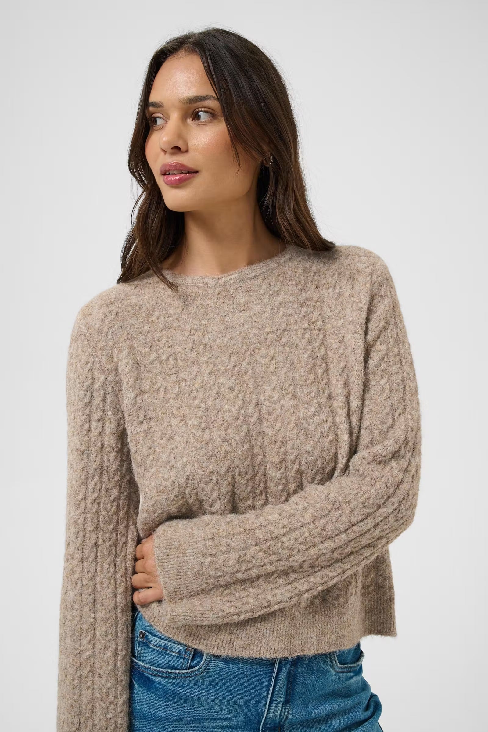 Kaffe Melanie beige textured cable knit jumper front view