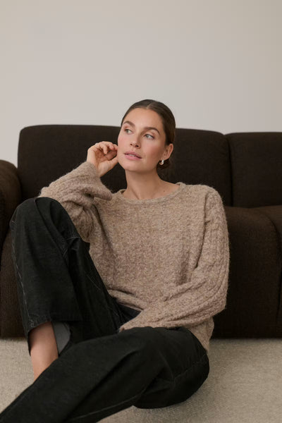Kaffe Melanie beige crew neck jumper styled with black trousers