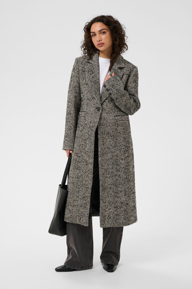 Kaffe grey herringbone tailored coat styled front view