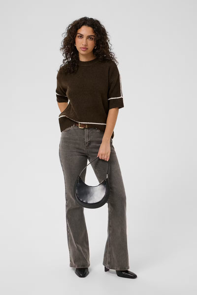 Kaffe Jinie brown contrast trim jumper styled with grey jeans