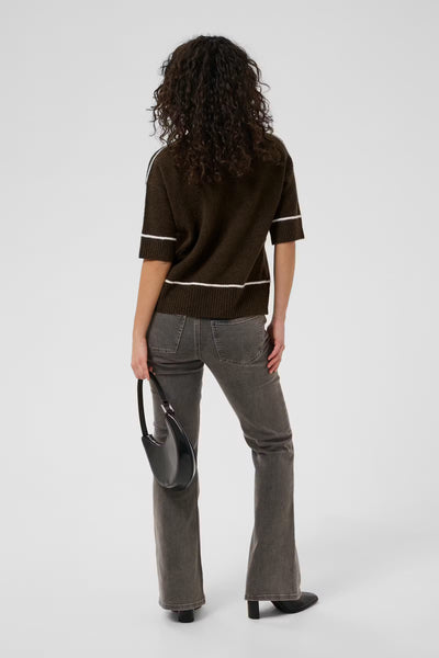 Back view of Kaffe Jinie coffee brown knit jumper styled with denim