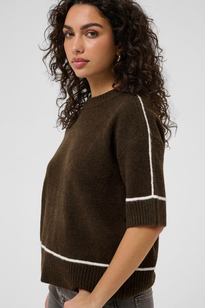 Close-up of Kaffe Jinie coffee brown knit jumper dropped shoulder and elbow-length sleeve