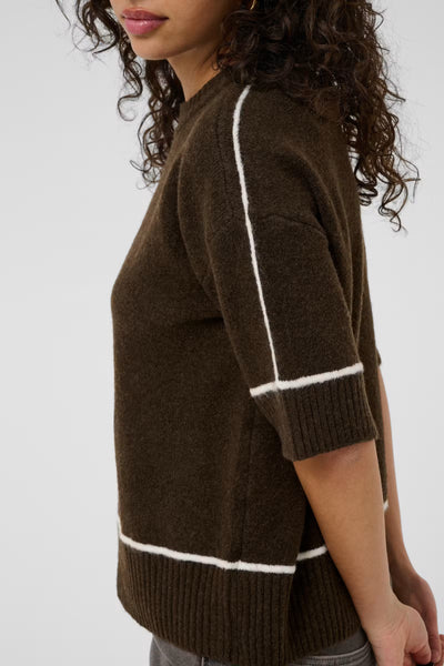Side view of Kaffe Jinie brown jumper with cream sleeve and hem trim