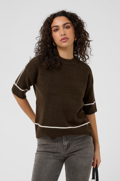 Kaffe Jinie coffee brown contrast trim knit jumper styled front view