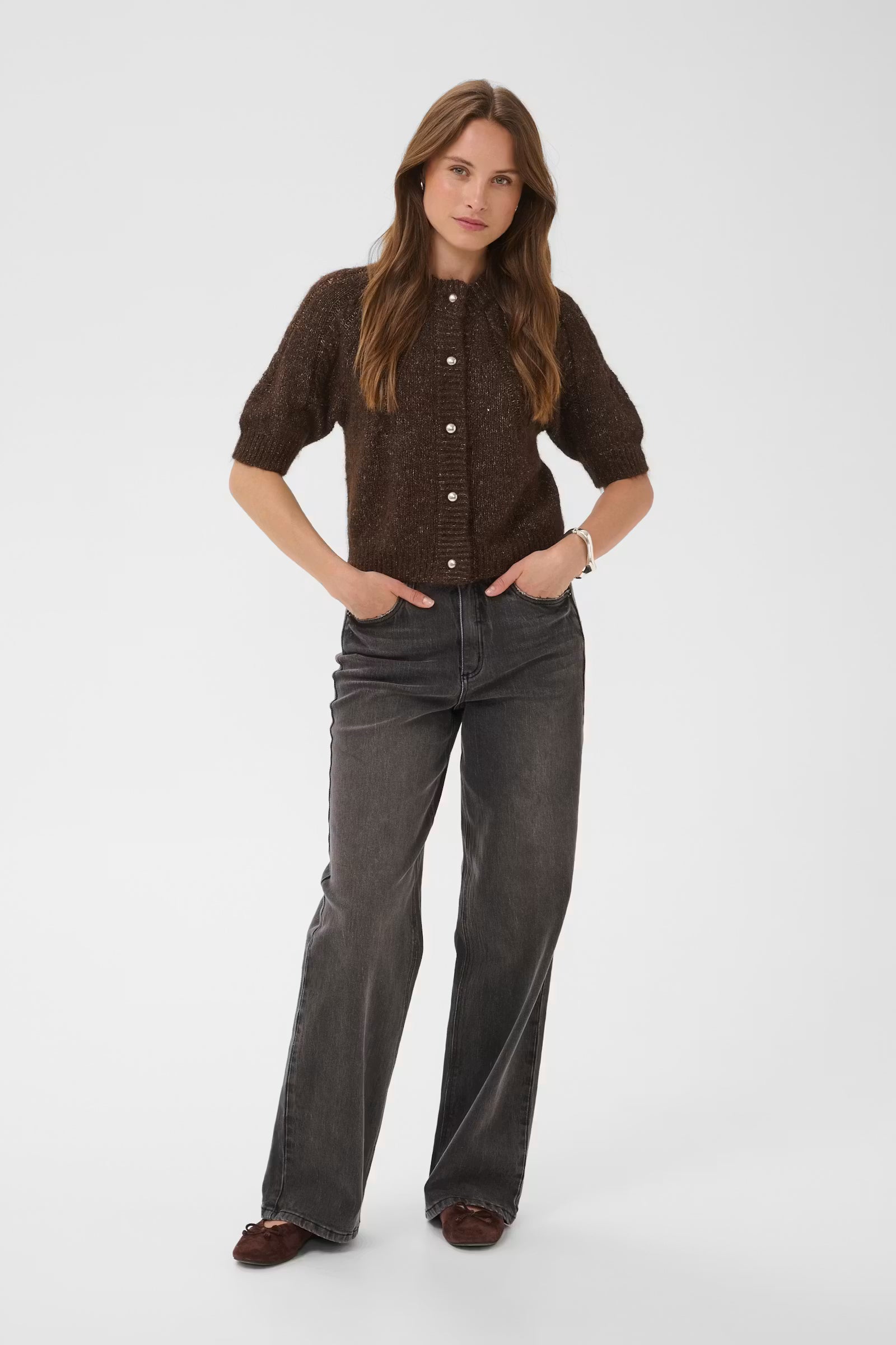 Kaffe Cionia brown knitted cardigan styled with grey jeans front view