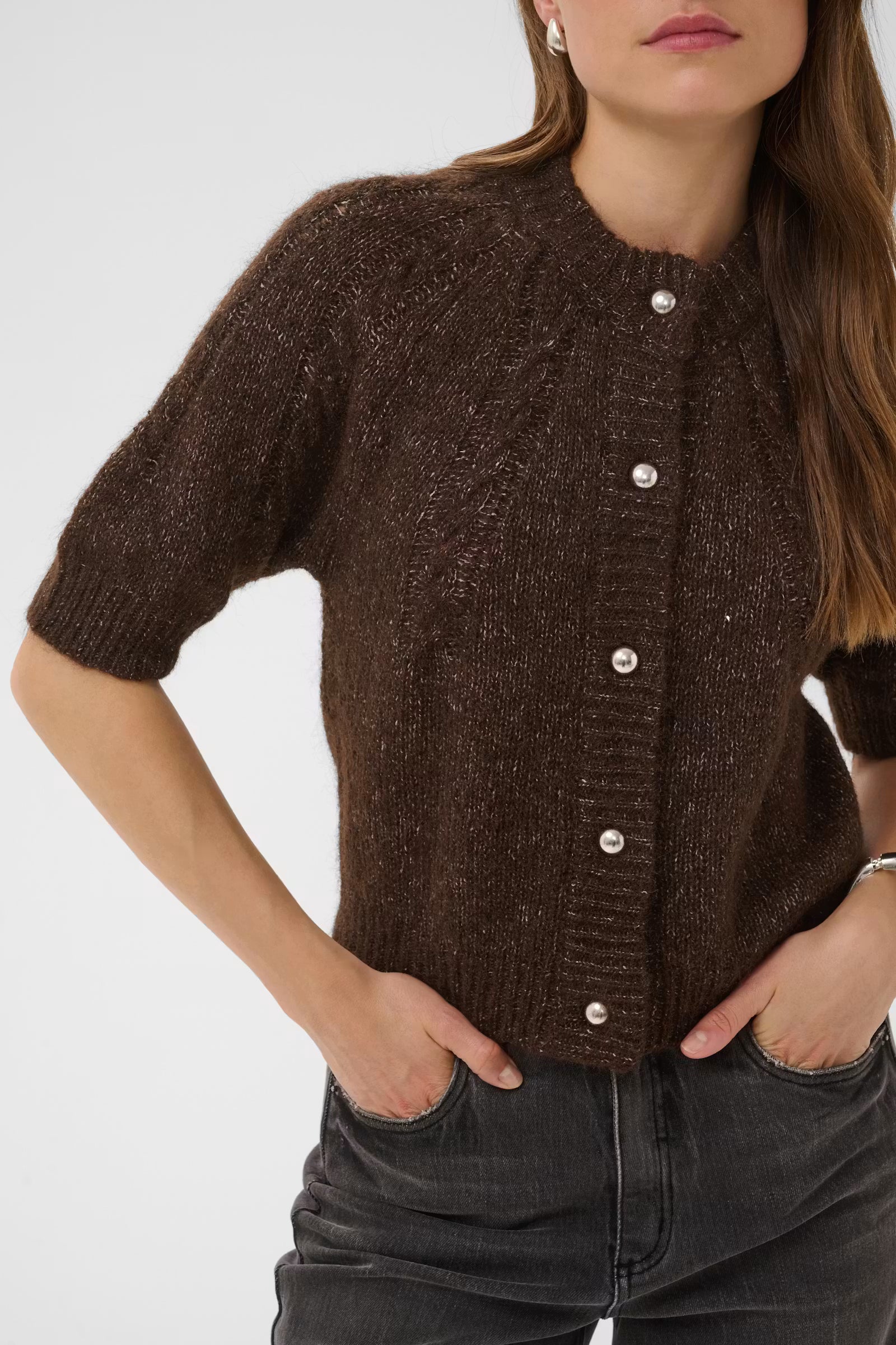 Close-up of Kaffe Cionia brown cardigan pearl-effect buttons and textured knit