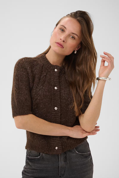 Kaffe Cionia Coffee Bean short sleeve cardigan crew neckline and ribbed trim detail