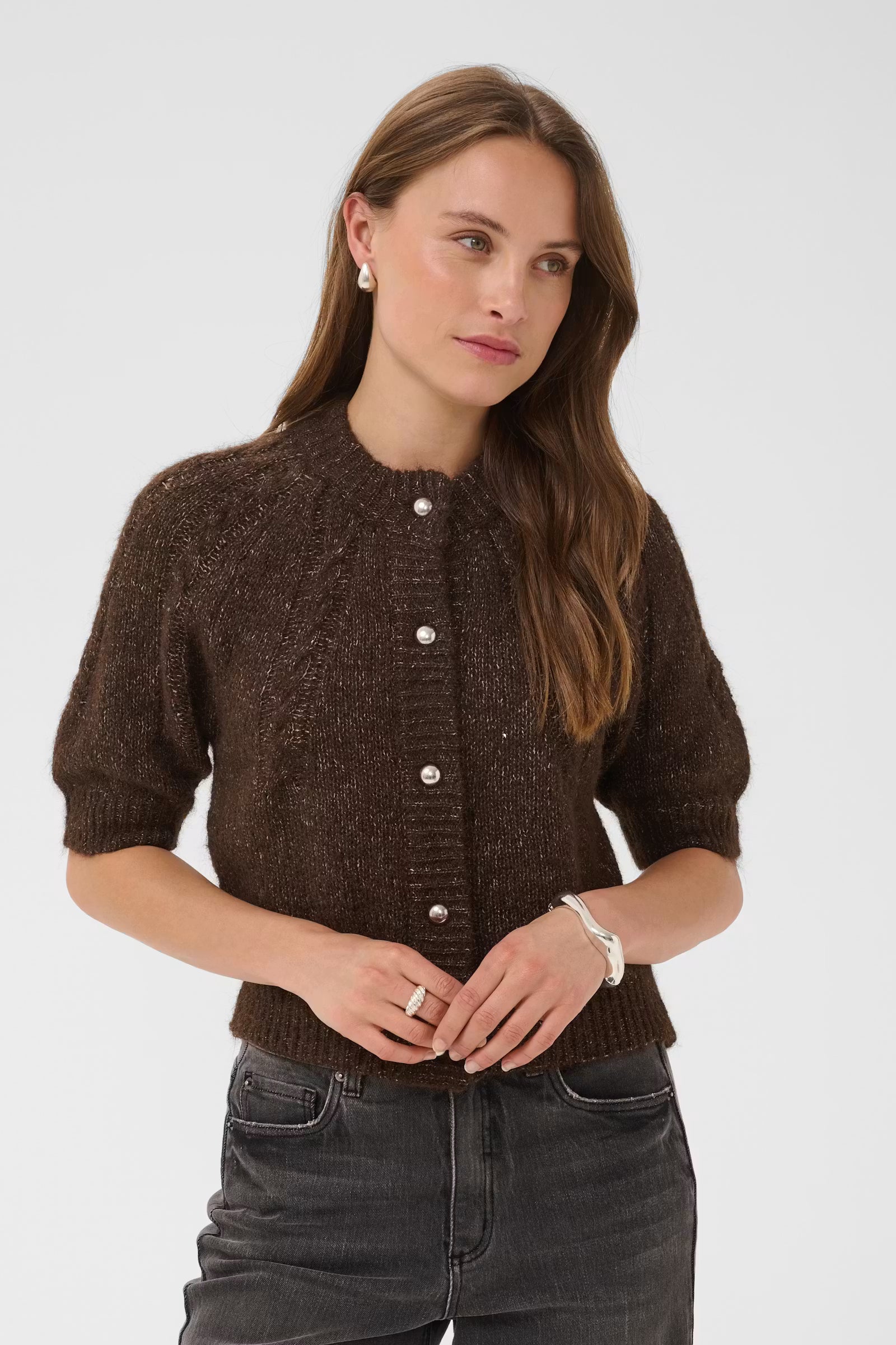 Kaffe Cionia Coffee Bean short sleeve knit cardigan styled front view