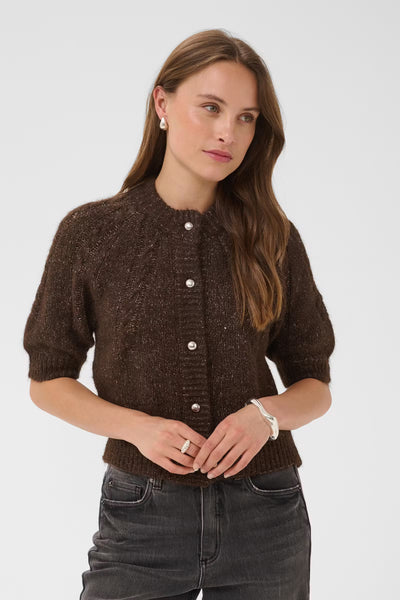 Kaffe Cionia Coffee Bean short sleeve knit cardigan styled front view