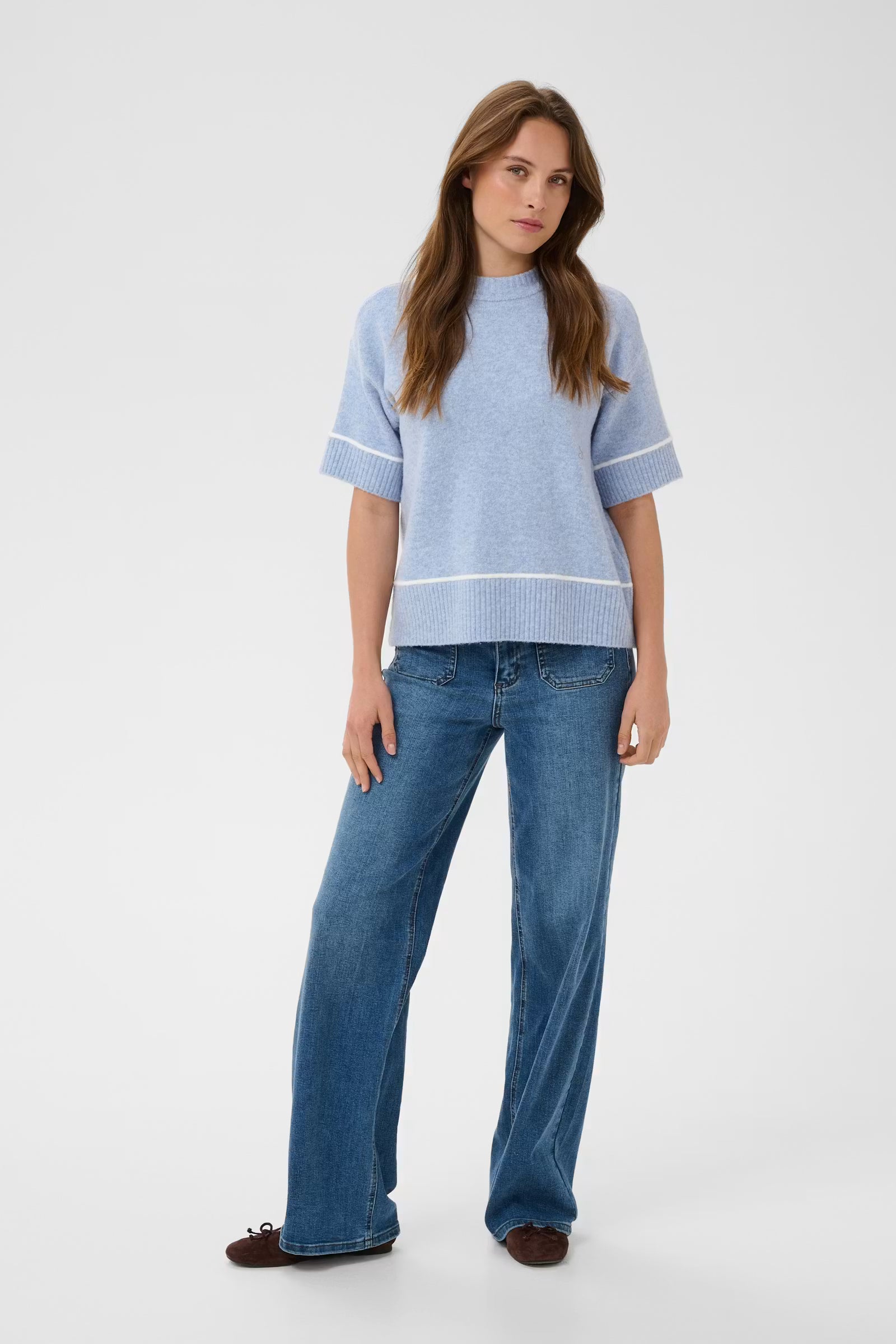 Kaffe Jinie light blue contrast trim jumper styled with blue jeans